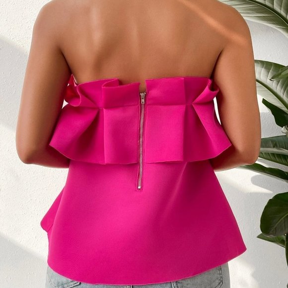 Pink Boho Womens Ruffle Trim Zip Back Tube Top - Picture 2 of 4